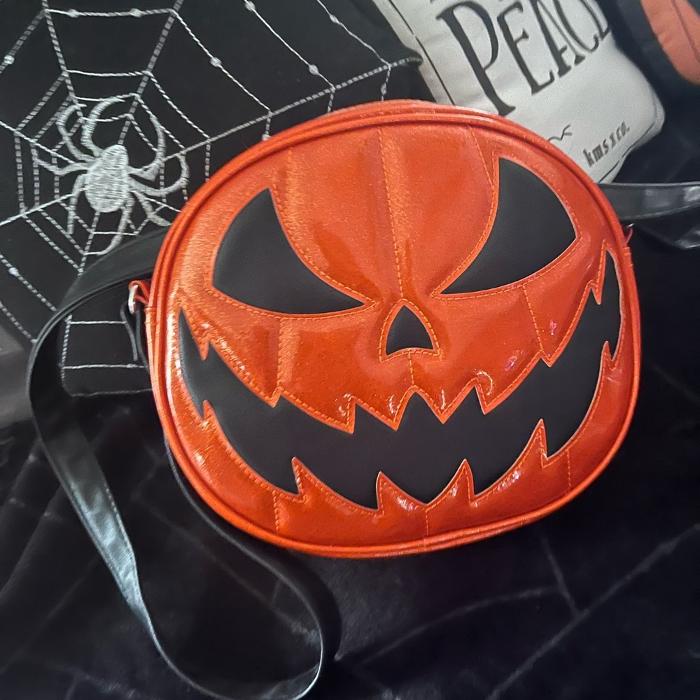 Love Pain and Stitches Pumpkin Kult Glitter Orange Crossbody Purse